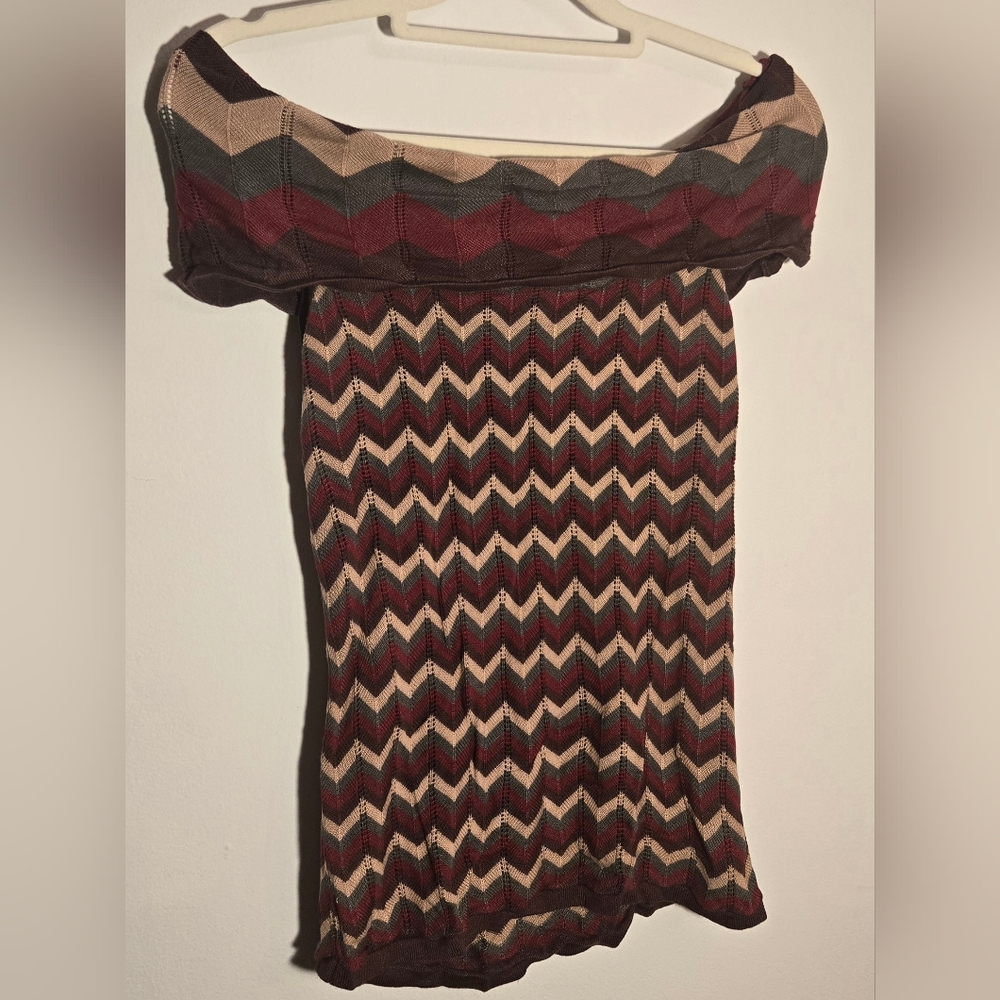 Chevron Knit Strapless Dress in Burgundy, Brown & Cream